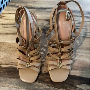 Vince Camuto Tan Strappy Heels with Gold Chain